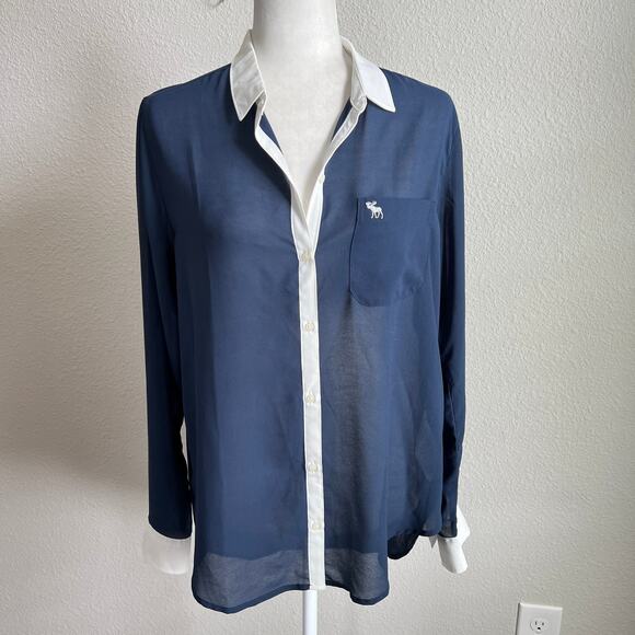 New Abercrombie & Fitch Blue Sheer Button Down Shirt Women's L Relaxed Long Slv - Picture 1 of 7